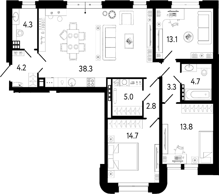 Планировка евро-4 (4Е) 104.2 м² в ЖК «Коллекционер», корпус 1