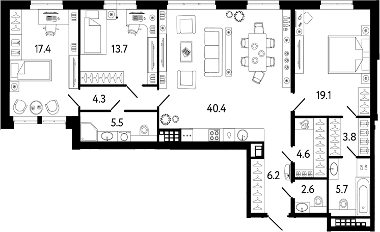 Планировка евро-4 (4Е) 123.3 м² в ЖК «Коллекционер», корпус 1