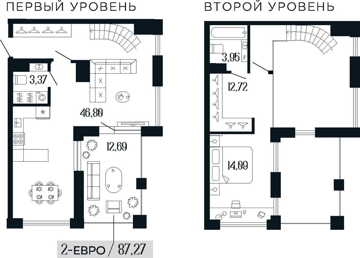 Планировка евродвушка (2Е) 83.09 м² в ЖК «Коллекционный дом 1919», корпус 1