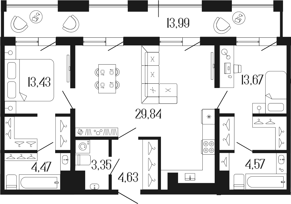 Планировка евротрёшка (3Е) 79.3 м² в ЖК «Коллекционный дом 1919», корпус 1