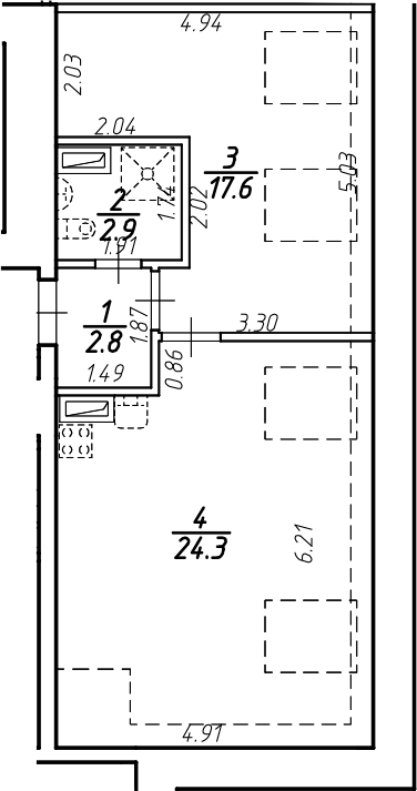 Планировка однокомнатная 47.6 м² в ЖК «Крона», корпус 1