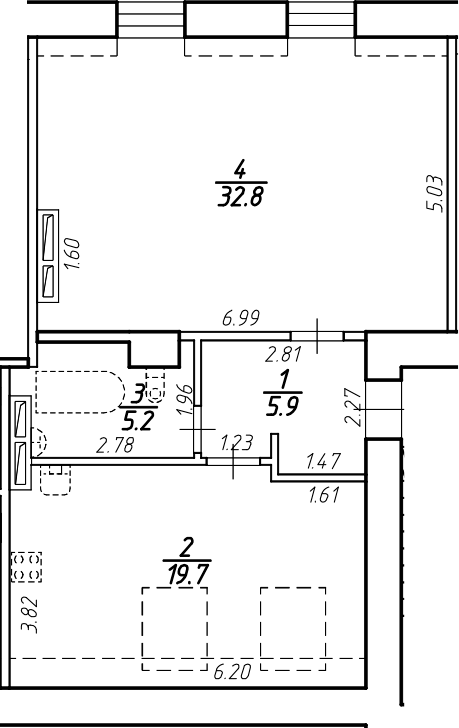 Планировка однокомнатная 63.6 м² в ЖК «Крона», корпус 1