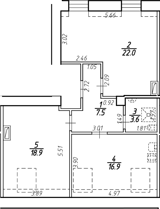 Планировка двухкомнатная 68.9 м² в ЖК «Крона», корпус 1