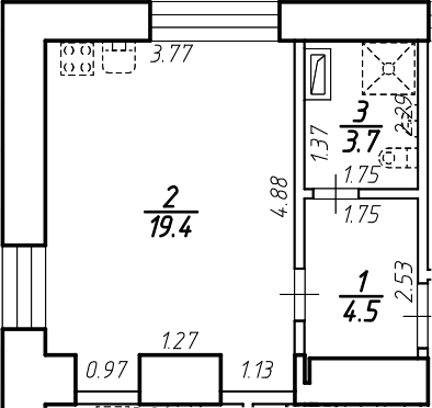 Планировка Студии 27.6 м² в ЖК «Крона», корпус 1