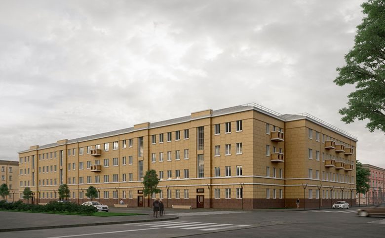 Крона — Фасад выходит на улицу Аммермана в горчичной штукатурке с бе