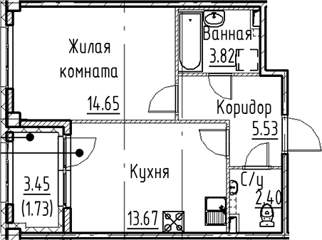Планировка однокомнатная 41.8 м² в ЖК «Кронфорт», корпус 2