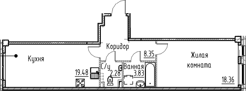 Планировка евродвушка (2Е) 52.3 м² в ЖК «Кронфорт», корпус 2