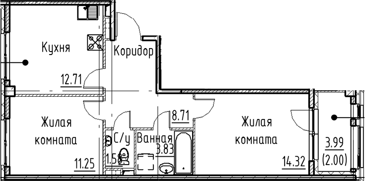 Планировка двухкомнатная 54.4 м² в ЖК «Кронфорт», корпус 2