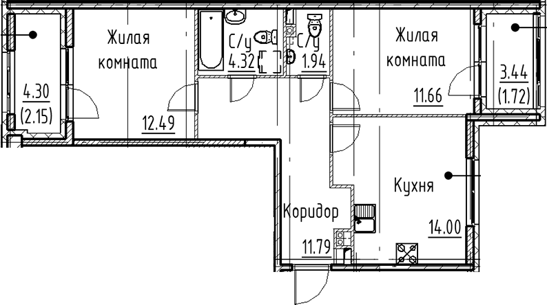 Планировка евротрёшка (3Е) 60.07 м² в ЖК «Кронфорт», корпус 2