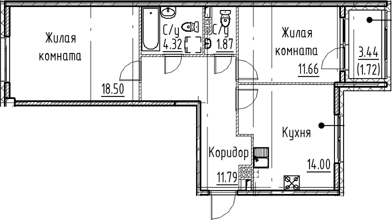 Планировка евротрёшка (3Е) 63.86 м² в ЖК «Кронфорт», корпус 2