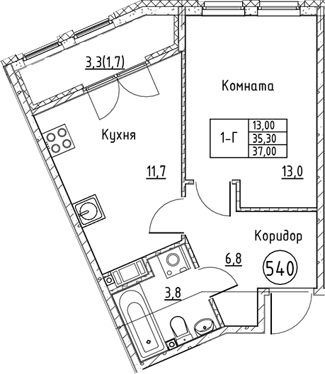Планировка однокомнатная 37 м² в ЖК «Кронунг Юг», корпус 1