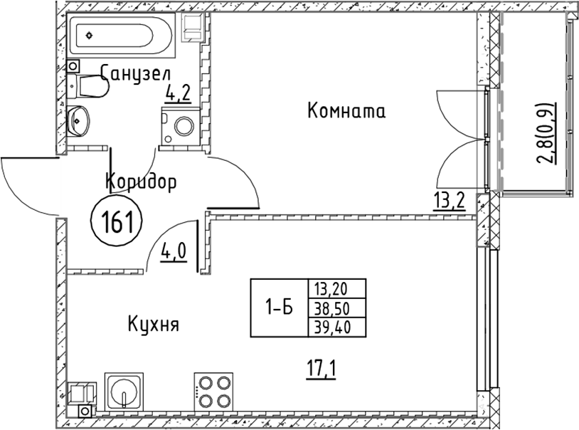 Планировка евродвушка (2Е) 39.4 м² в ЖК «Кронунг Юг», корпус 1