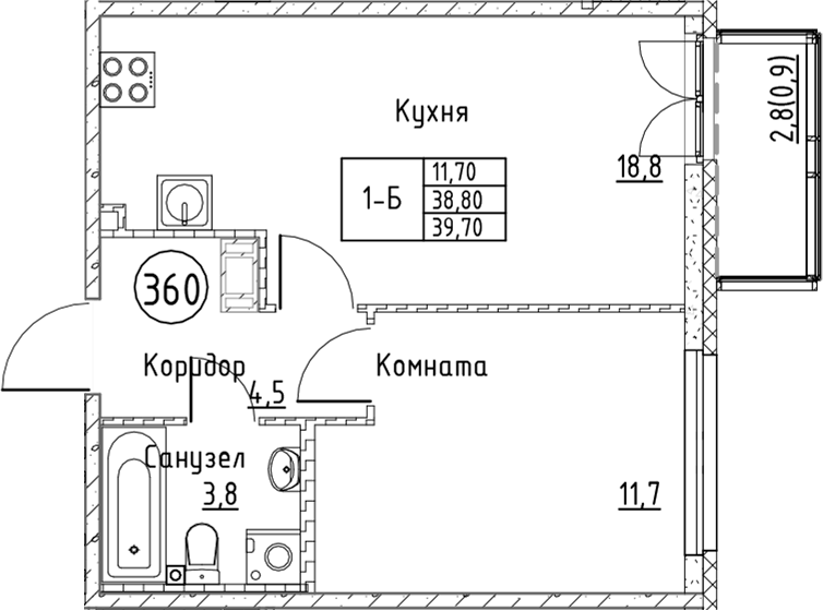 Планировка евродвушка (2Е) 39.7 м² в ЖК «Кронунг Юг», корпус 1