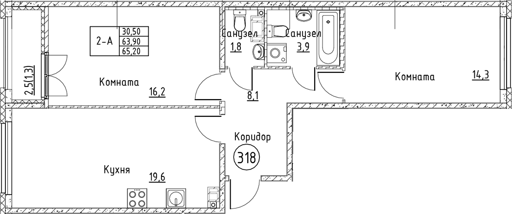Планировка евротрёшка (3Е) 65.2 м² в ЖК «Кронунг Юг», корпус 1