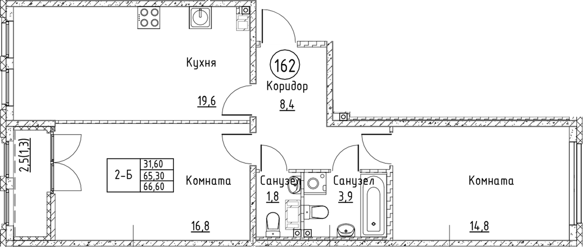 Планировка евротрёшка (3Е) 66.6 м² в ЖК «Кронунг Юг», корпус 1