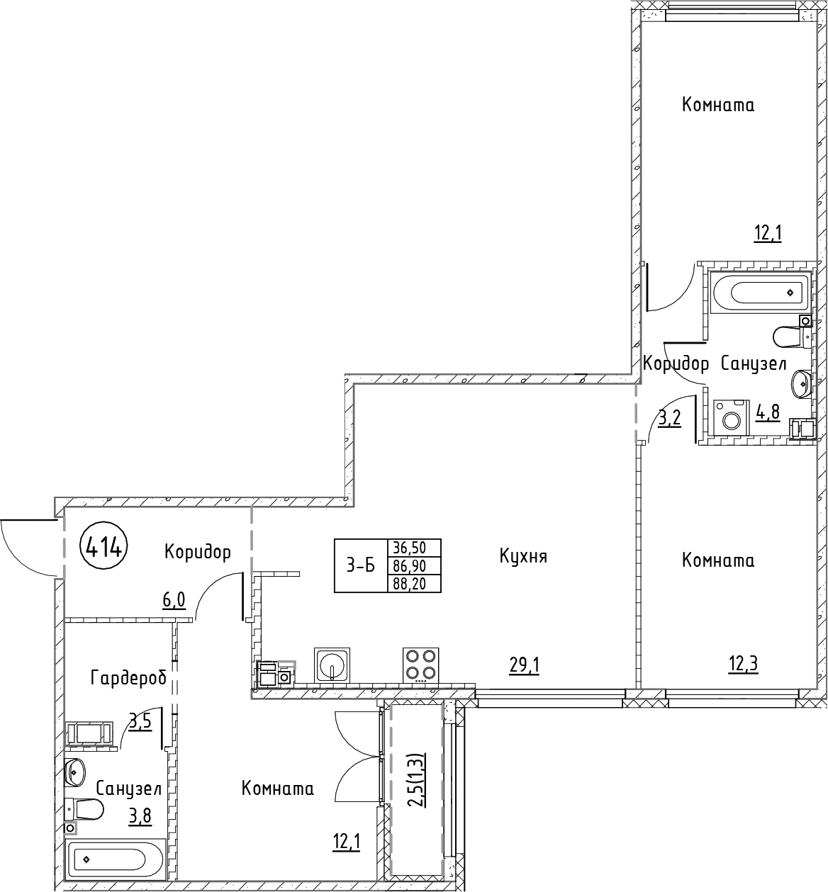 Планировка евро-4 (4Е) 88.2 м² в ЖК «Кронунг Юг», корпус 1