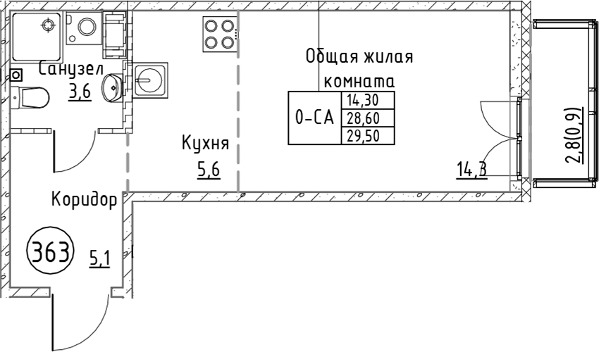 Планировка Студии 29.5 м² в ЖК «Кронунг Юг», корпус 1