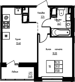 Планировка однокомнатная 31 м² в ЖК «Кронунг-Янино», корпус 1.2