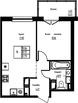 Планировка однокомнатная 37.19 м² в ЖК «Кронунг-Янино», корпус 1.2