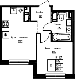 Планировка евродвушка (2Е) 30.63 м² в ЖК «Кронунг-Янино», корпус 1.2