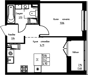 Планировка евродвушка (2Е) 34.9 м² в ЖК «Кронунг-Янино», корпус 1.1