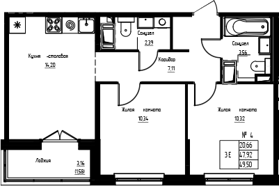 Планировка двухкомнатная 49.5 м² в ЖК «Кронунг-Янино», корпус 1.1