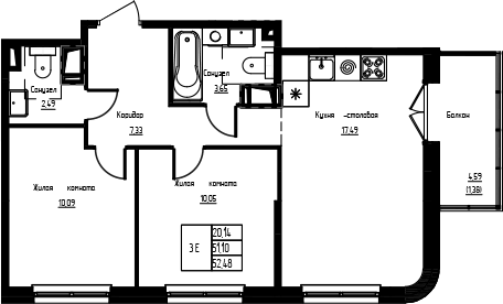 Планировка евротрёшка (3Е) 52.48 м² в ЖК «Кронунг-Янино», корпус 1.2