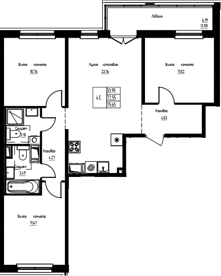 Планировка евро-4 (4Е) 75.65 м² в ЖК «Кронунг-Янино», корпус 1.1