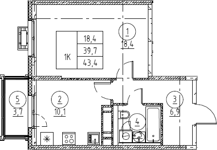 Планировка однокомнатная 43.4 м² в ЖК «Крылов», корпус 1