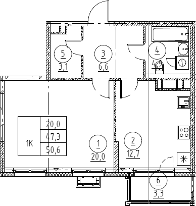 Планировка однокомнатная 51 м² в ЖК «Крылов», корпус 1