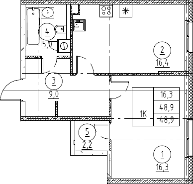 Планировка евродвушка (2Е) 46.7 м² в ЖК «Крылов», корпус 1