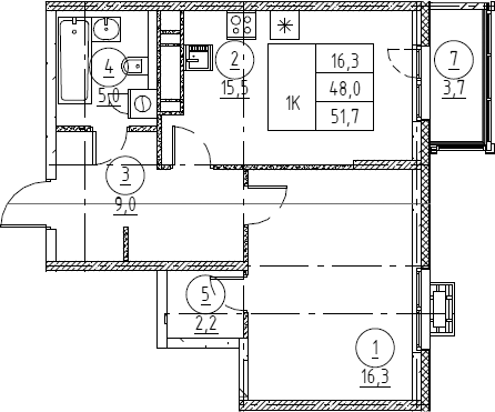 Планировка евродвушка (2Е) 51.7 м² в ЖК «Крылов», корпус 1