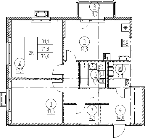 Планировка двухкомнатная 75 м² в ЖК «Крылов», корпус 1