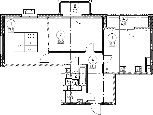 Планировка евротрёшка (3Е) 76.7 м² в ЖК «Крылов», корпус 1