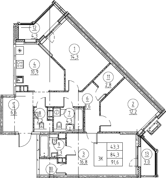 Планировка трёхкомнатная 92 м² в ЖК «Крылов», корпус 1