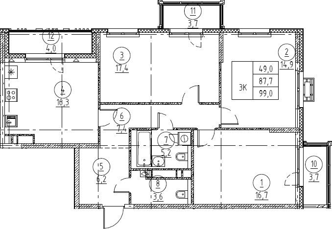 Планировка евро-4 (4Е) 99.1 м² в ЖК «Крылов», корпус 1