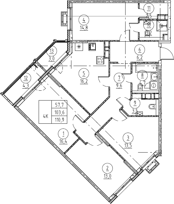 Планировка 5Е-к.кв 110.9 м² в ЖК «Крылов», корпус 1