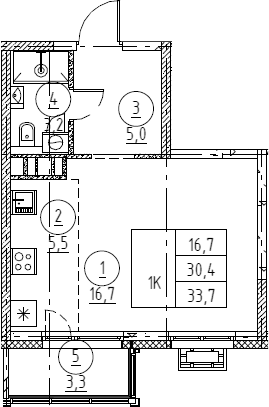 Планировка Студии 34.1 м² в ЖК «Крылов», корпус 1