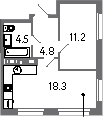 Планировка однокомнатная 38.8 м² в ЖК «Куинджи», корпус 1