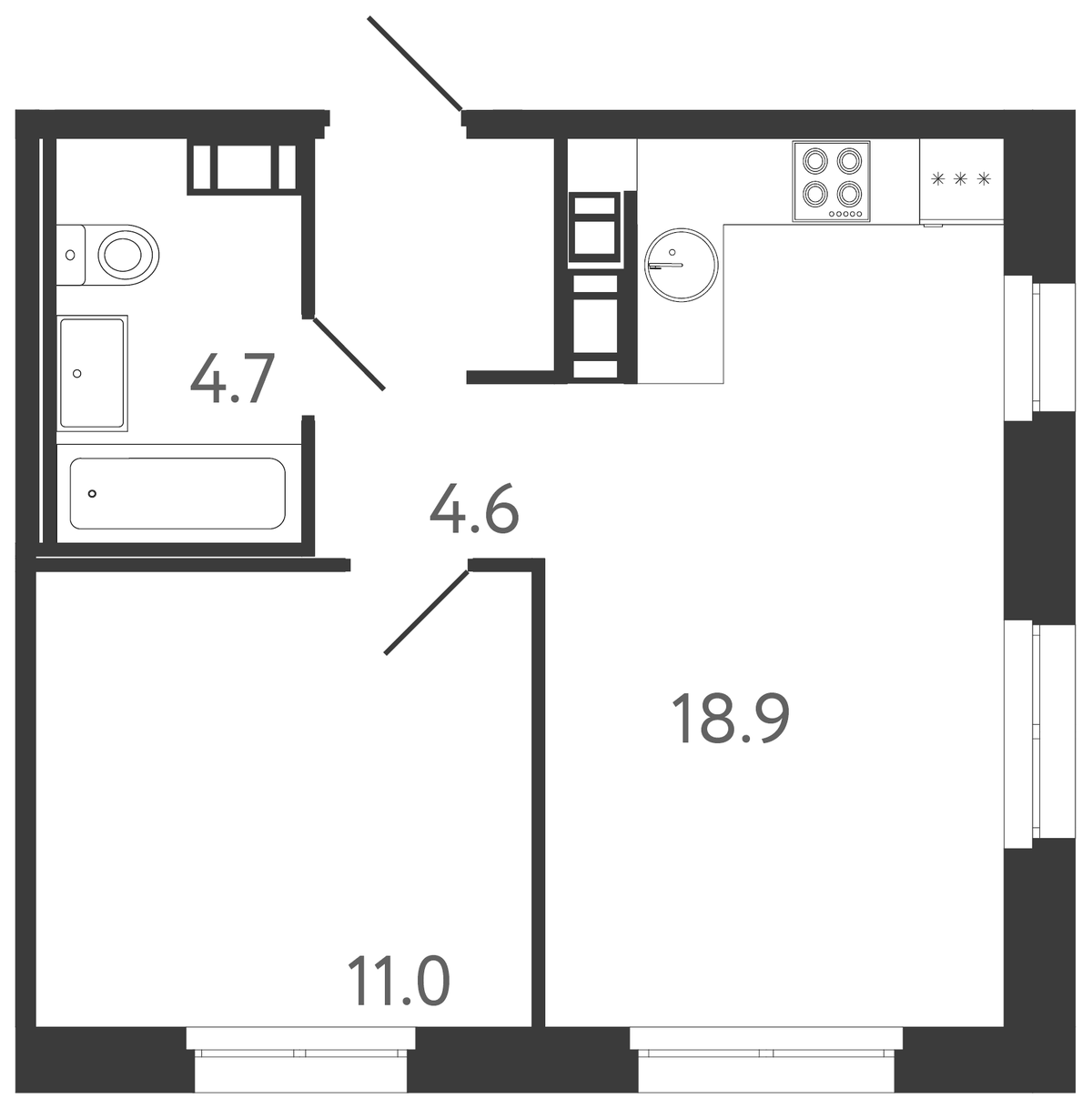 Планировка евродвушка (2Е) 39.2 м² в ЖК «Куинджи», корпус 1