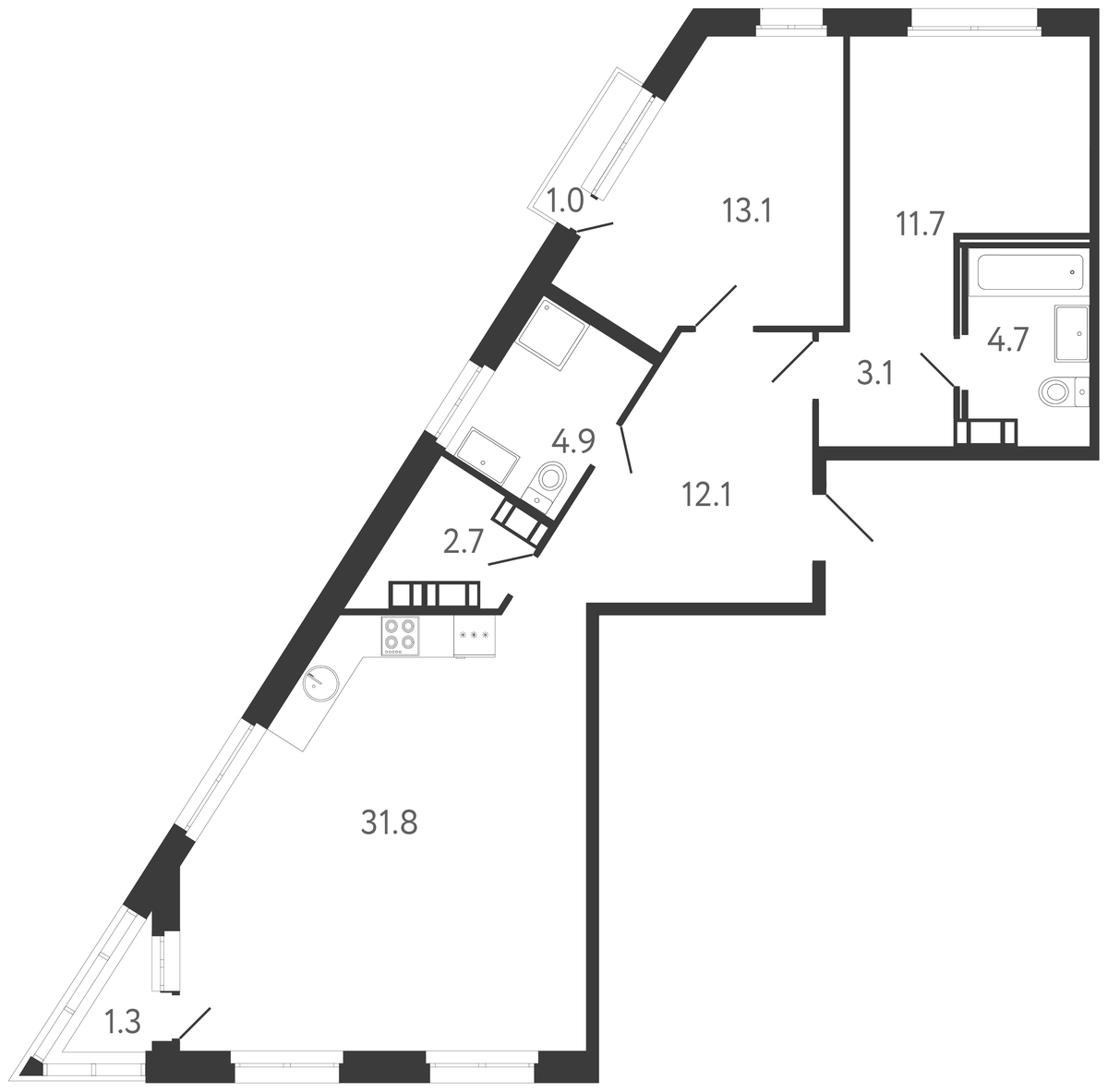 Планировка евротрёшка (3Е) 84.75 м² в ЖК «Куинджи», корпус 1