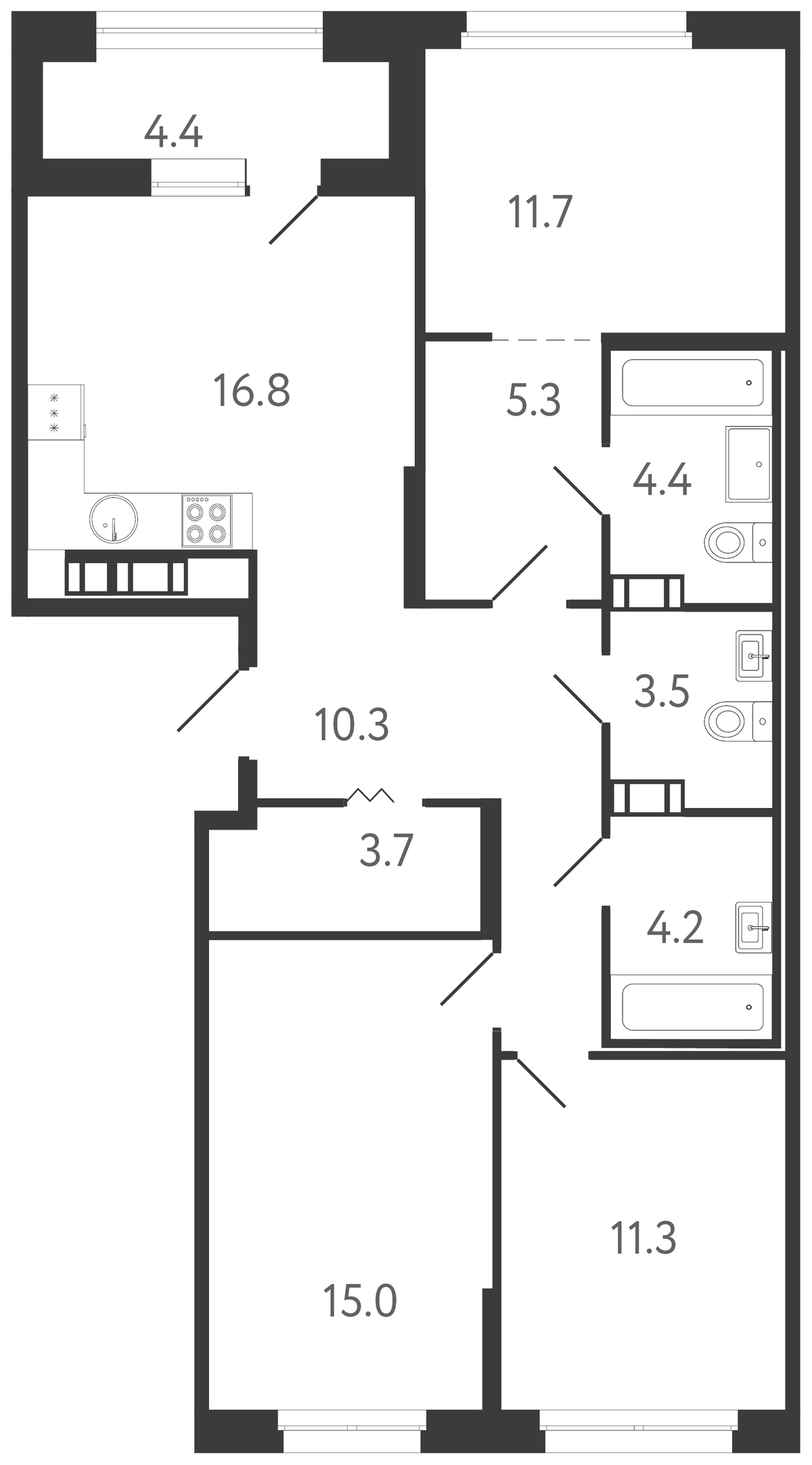 Планировка трёхкомнатная 88.4 м² в ЖК «Куинджи», корпус 1