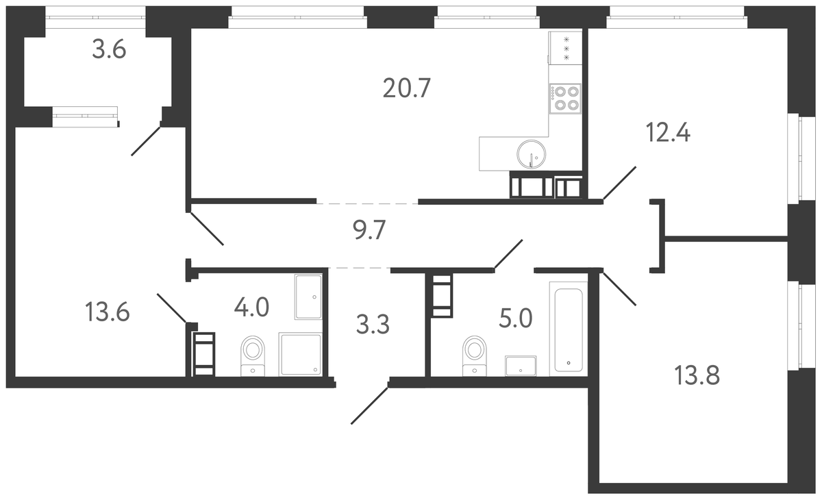 Планировка евро-4 (4Е) 84.3 м² в ЖК «Куинджи», корпус 1