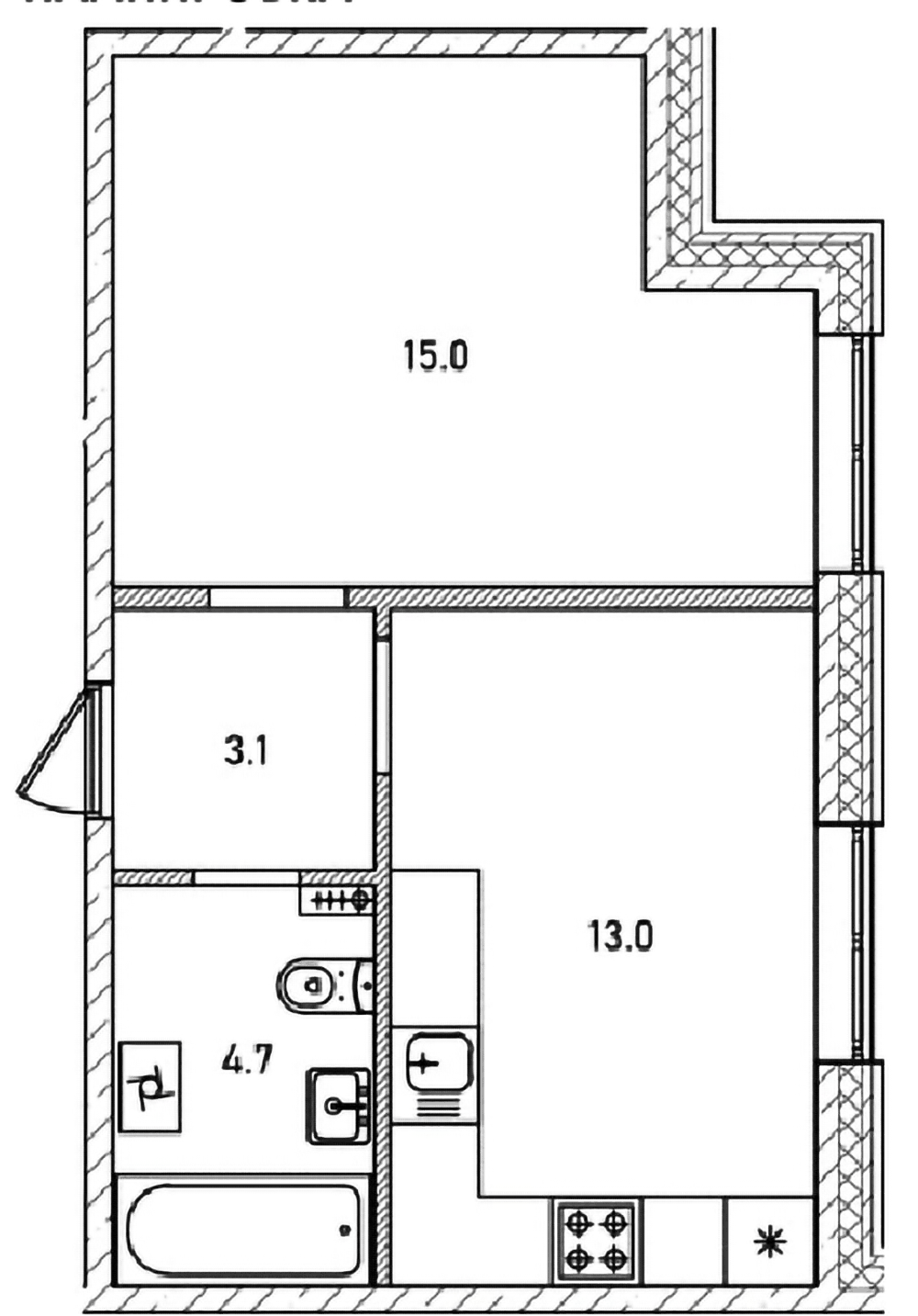 Планировка однокомнатная 35.8 м² в ЖК «Куприн», корпус 1