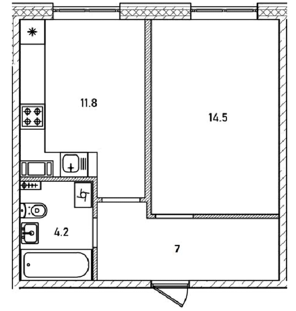 Планировка однокомнатная 37.5 м² в ЖК «Куприн», корпус 1