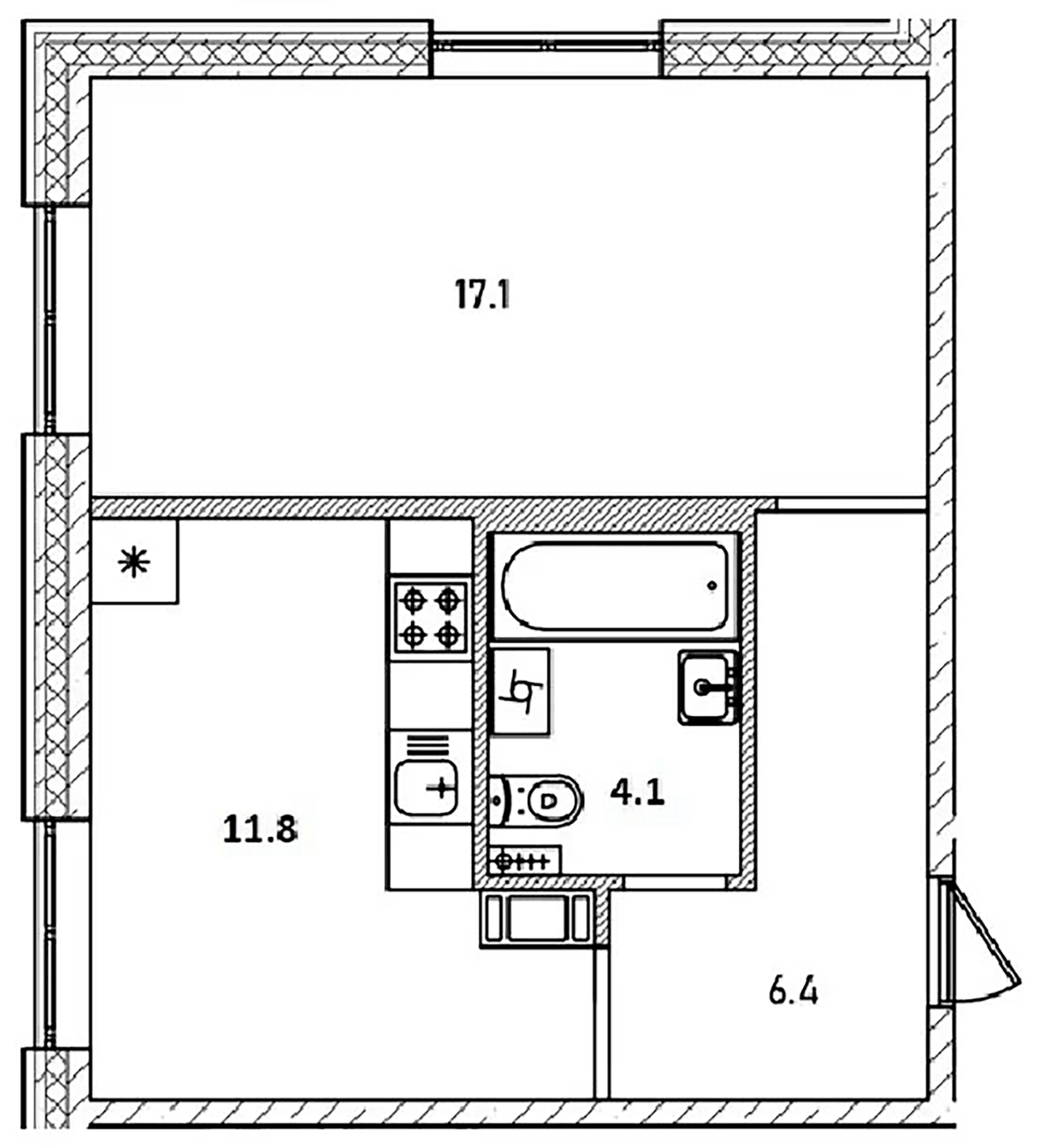 Планировка однокомнатная 39.4 м² в ЖК «Куприн», корпус 1