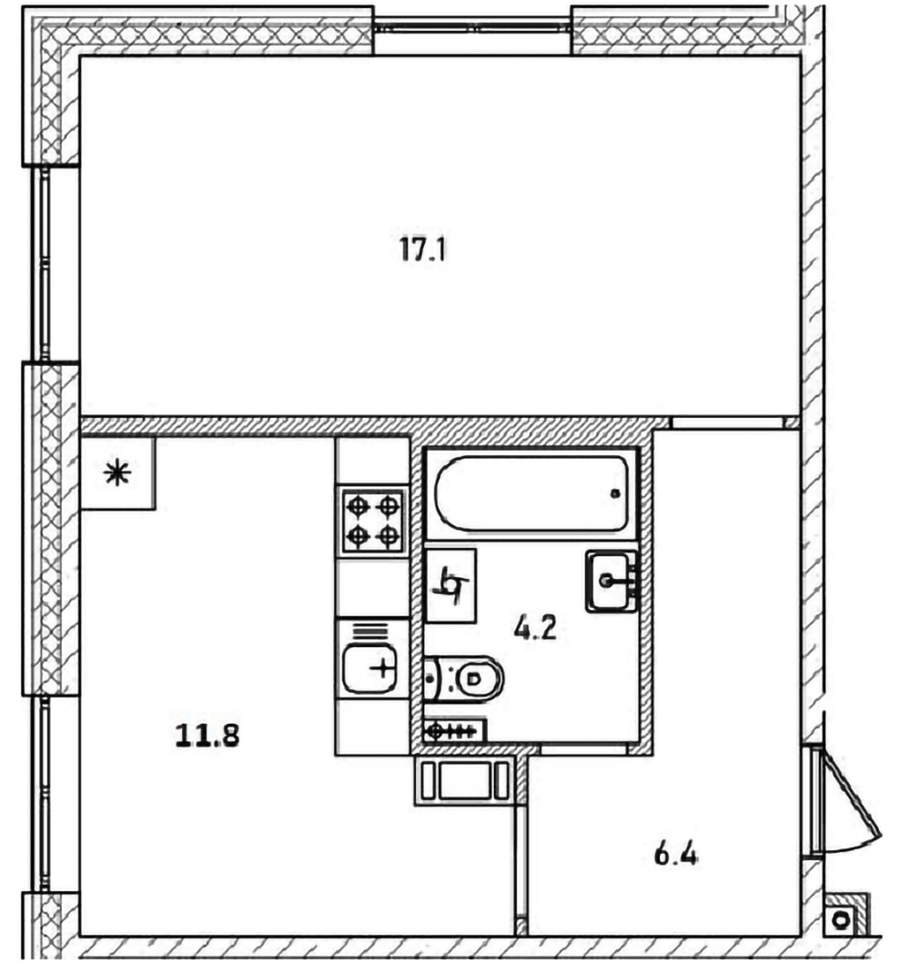 Планировка однокомнатная 39.5 м² в ЖК «Куприн», корпус 1