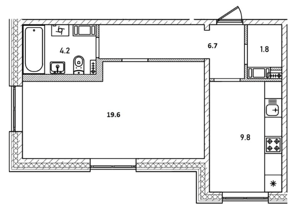 Планировка однокомнатная 42.1 м² в ЖК «Куприн», корпус 1