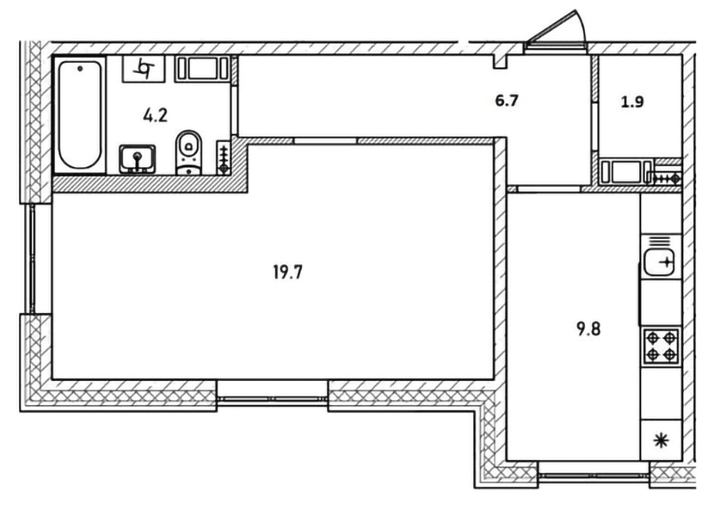Планировка однокомнатная 42.3 м² в ЖК «Куприн», корпус 1