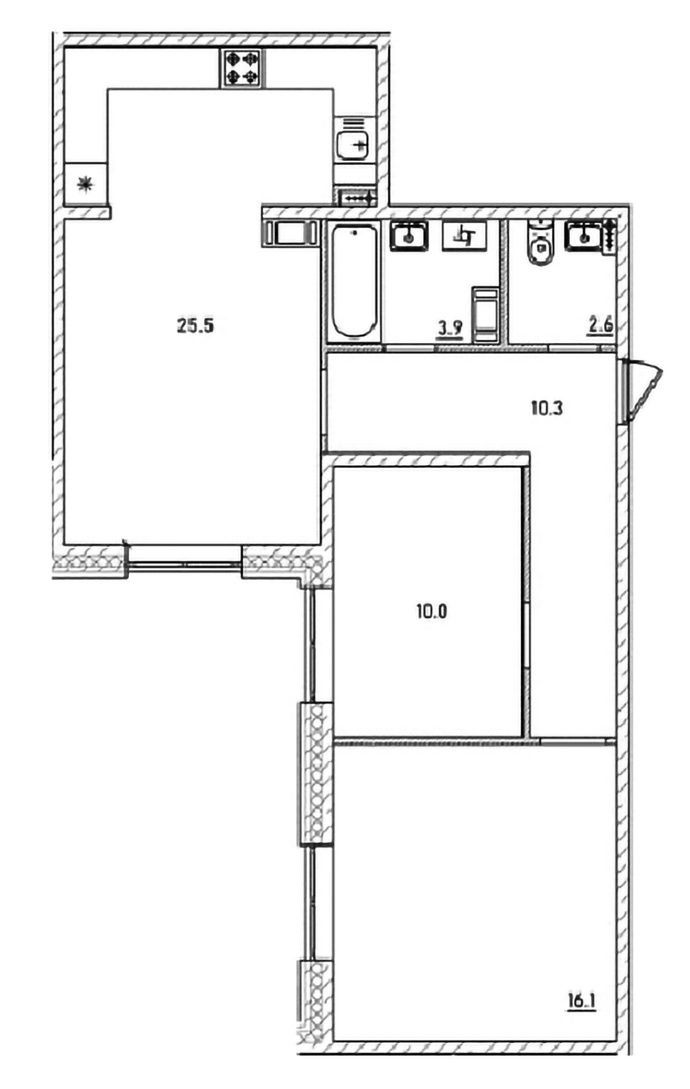 Планировка евротрёшка (3Е) 68.4 м² в ЖК «Куприн», корпус 1